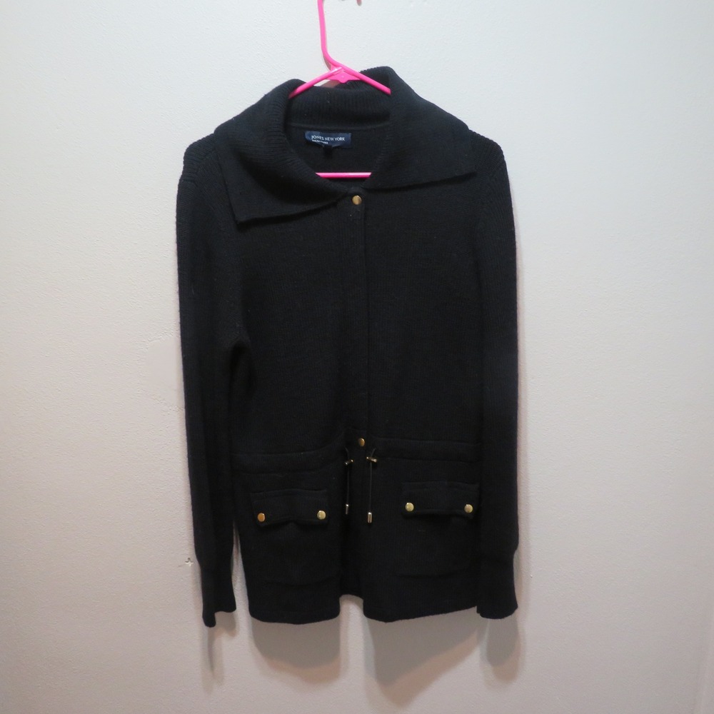 Jones New York Signature Black Wool Blend Full Zip Cardigan Sweater Medium